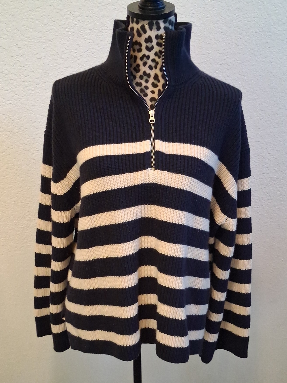 & Other Stories Navy & Cream 30% Wool Quarter-Zip Chunky Oversized Sweater. (M)